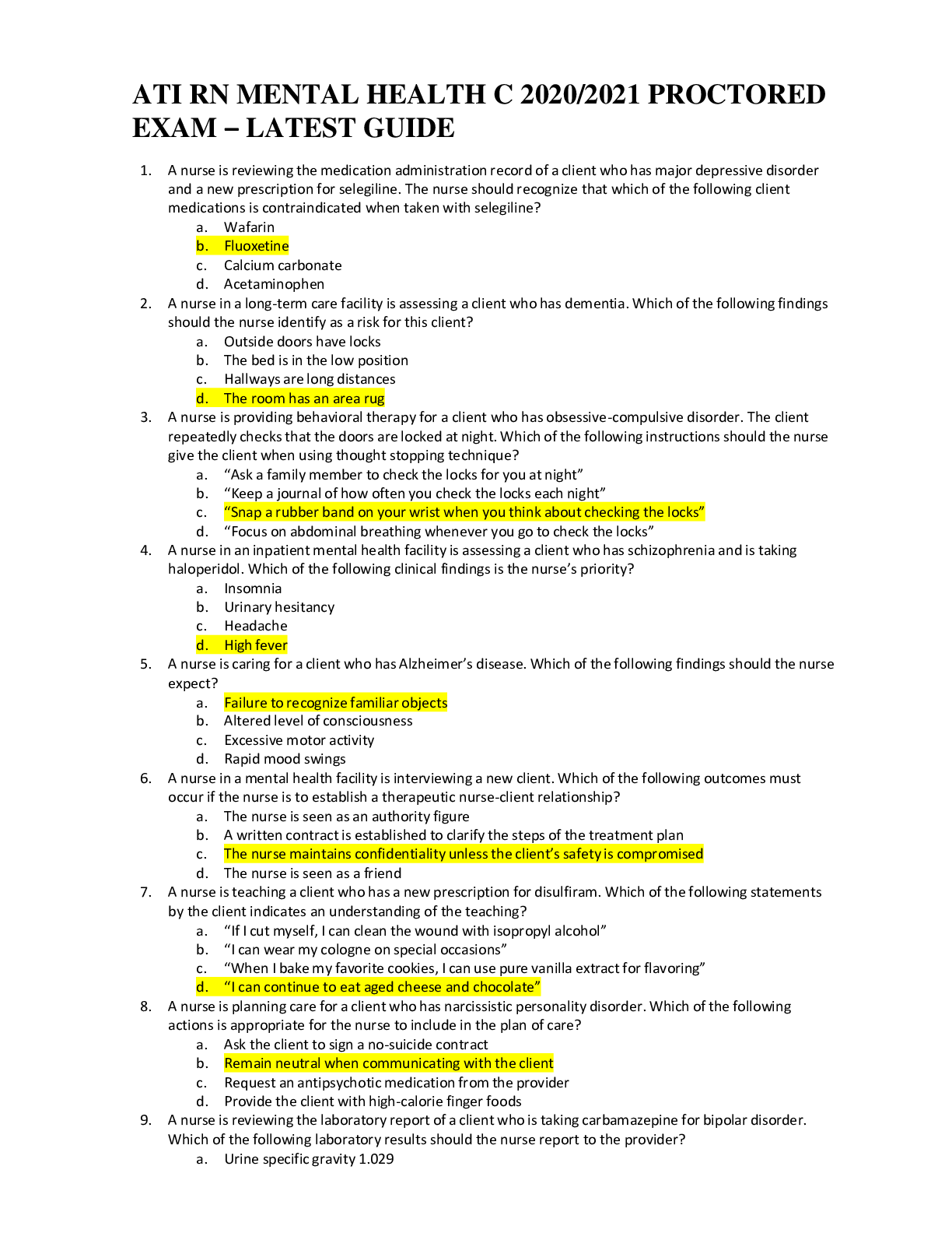 Preview image for ATI RN MENTAL HEALTH C 2020/2021 PROCTORED EXAM – LATEST GUIDE
